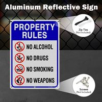 Grand panneau de signalisation pour propriétés : Interdiction d'alcool, d'ustensiles de drogue, de fumer et d'armes - Aluminium réfléchissant inaltérable - Protection UV