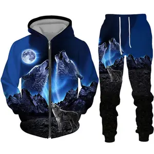 2024 Men's hood 2 piece set Personalized Wolf print tracksuit Male Jogger Sportswear Suit Man Hoodies Pants Sports Couple Suits