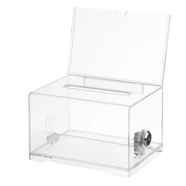 Großhandels preis Hochwertige benutzer definierte transparente Acryl-Spenden-Sammel box mit Rückseite 4x6 Zeichen Display mit Schloss