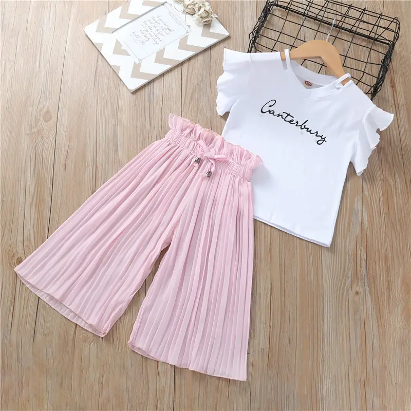 Conjunto de roupas infantis casuais de verão, roupas para crianças meninas, blusas com letras florais + calças, 2 peças