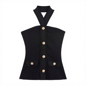 PB&ZA Women 2025 Summer Casual Chic Shaping Elastic Peter Pan Collar Hang Tank Tops Vintage Backless Camis 100% Polyester - Product Image 4