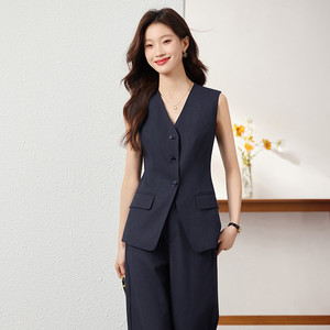 Women's V Neck Sleeveless Vest Set Solid Color Polyester Breathable Office Wear - Product Image 2