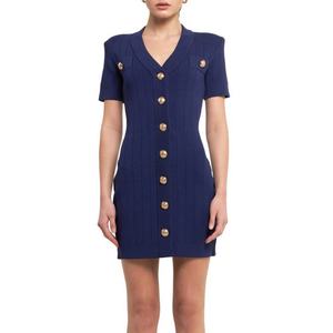Robe pull de luxe OEM en coton et lyocell bleu, col en V, tricot côtelé pour femme - Product Image 1