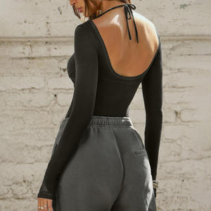 Gümrüklü düşük geri Yoga gömlek Mesh nefes alabilirlik spor giyim Scoop korse uzun kollu üst Thumbholes ve ayarlanabilir bağları ile - Product Image 2