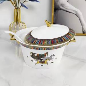 Olla para Sopa de Lujo Moderna de Alta Gama con Borde Dorado, Tapa de Cerámica, Diseño de Doble Asa, Tazón Grande sin Recubrimiento, para Uso Doméstico - Product Image 4