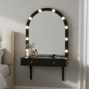 Modern Floating Floor Mount Solid Wood Makeup <b>Vanity</b> Desk LED Mirror 3 Color Lights Power Outlet USB Charging 2 Drawers Storage - Product Image 4