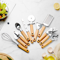 Ensemble d'ustensiles de cuisine avec manche en bois, fouet en acier inoxydable, outils de pâtisserie, couteau à pizza et à fromage, ensemble de 10 ustensiles