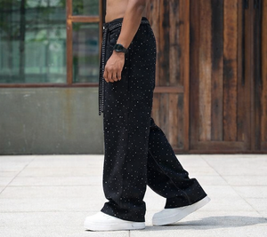 بنطلون جينز رجالي مخصص بأسلوب الشارع مزين بالأحجار الكريمة، تصميم بانك، ساق واسعة، إنتاج سريع بكميات صغيرة - Product Image 2