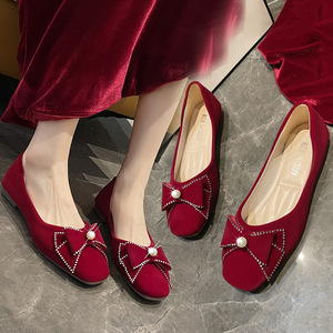 Zapatos de novia Xiuhe rojos antideslizantes de doble uso para mujer, zapatos planos de moda con punta abierta, zapatos de boda de suela blanda para maternidad - Product Image 3
