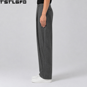 Custom <b>Pinstripe</b> Wool Pants <b>Men</b> Charcoal Grey High Waisted Double Pleat Wide Leg Smart Tailored Dress <b>Trousers</b> Wholesale Bulk - Product Image 3