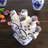 Vase à tulipes Delft vintage à 3 doigts, peint à la main, bleu et blanc, magnifique état