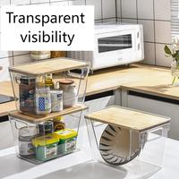 Boîte de rangement en plastique avec couvercle en bois de bambou superposable pour comptoir de cuisine, bouteille de conditionnement marin, plusieurs couches, tasses