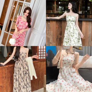 Robe décontractée A-List rétro à pois et imprimé floral en satin, col carré, bretelles spaghetti, taille naturelle, longueur genou, lavable - Product Image 5