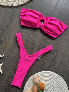 Haut de gamme femmes Bandeau Bikini ensemble maillot de bain sans bretelles haut O anneau bouton dos maillot de bain hauts bustier tubulaire maillots de bain Logo personnalisé 2025 - Product Image 6