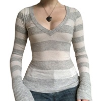 Top corto de punto a rayas Y2k Hada Grunge estética mujer Otoño Invierno cuello en V manga completa camiseta Vintage Harajuku 2000S ropa