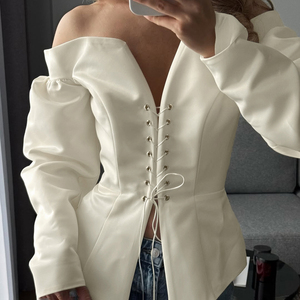 2025 senza spalline con bendaggio Beige senza spalline alla moda con <span class=keywords><strong>corsetto</strong></span> a manica lunga da donna - Product Image 3