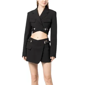 High Quality Tailored Interlock Cropped Blazer Suit Styled With Mini Skirt Notch Lapel Padded Shoulder Jacket With Buckle Belts
