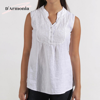 Chemisier court sans manches décontracté d'été grande taille blanc uni brodé pour femme 100 % lin D'Armonia – Vente en gros
