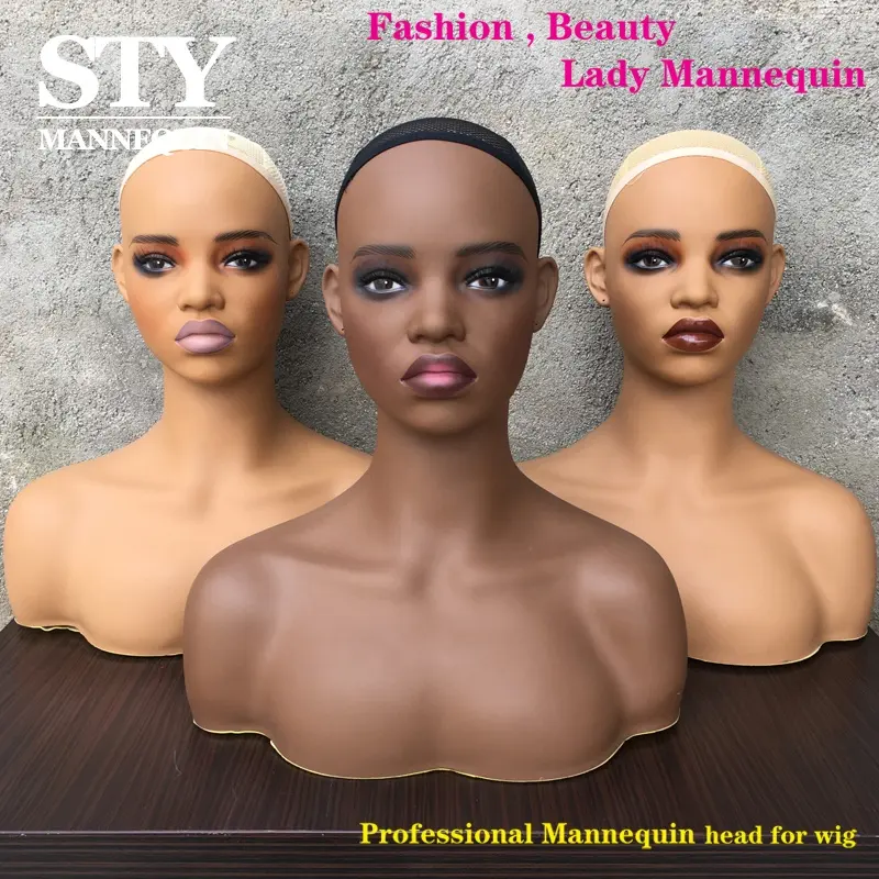 Prix de gros de haute qualité PVC Glam Noir réaliste femme afro-américaine perruque Mannequin tête avec épaule