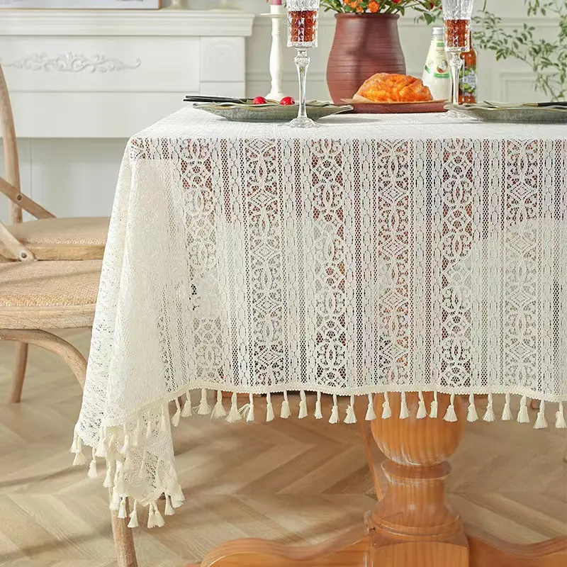 卸売アイボリーホワイトレースボヘミア織りエレガントな長方形レーステーブルクロス結婚式の結婚式のパーティーのための安いテーブルクロス