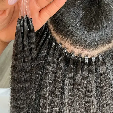 Kinky Straight Micro Loop Ring Human Hair Extensions Natural Black Hair Double Drawn Yaki Straight Micro Loops Hair For Women