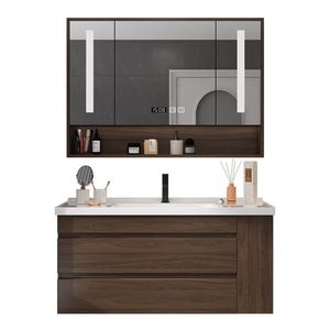 Modern Minimalist Solid Wood Bathroom Vanity <b>Set</b> Walnut Color One Piece Ceramic Basin With Mirror Light - Product Image 5