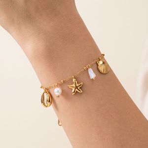 Bracelet OZE en acier inoxydable de style océanique, transfrontalier Europe-Amérique, pour femme, avec étoiles de mer, coquillages et perles, placage sous vide - Product Image 1