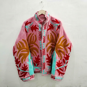Luxury Pink <b>Velvet</b> Embroidered Suzani <b>Jacket</b> With Floral Pattern Full Sleeve Stand Collar Handmade <b>Women's</b> Autumn Outerwear - Product Image 1