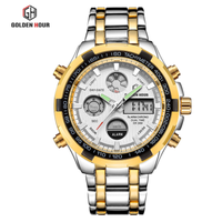 Reloj Digital para Caballero GOLDEN HOUR GH108 Super Silver, Correa de Acero Inoxidable, Doble Hora, Cronógrafo, Calendario, Deportivo