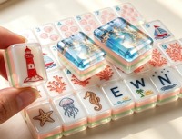 Ensemble de Mahjong en Acrylique Thème Océan Personnalisé, Motif Phare et Animaux Marins, Jeu de Table de Luxe, Cadeau pour Collection ou Fêtes à Domicile