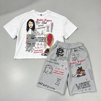 Ensemble 2 pièces vintage pour homme : T-shirt à manches courtes imprimé graffiti et short de survêtement – Tenue oversize streetwear style club pour personnalités publiques