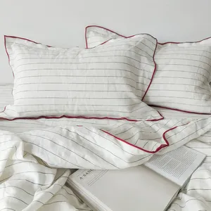 Ensemble de literie en lin français de haute qualité 3 pièces Motif rayé Vente en gros avec passepoil pour enfants Toutes saisons - Product Image 1
