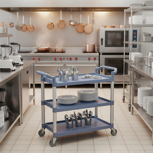 Chariot de <span class=keywords><strong>service</strong></span> utilitaire en plastique à 3 niveaux pour hôtels et restaurants, idéal pour le nettoyage de cuisine - Product Image 1