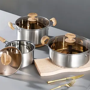 Classic Household 6Pcs Wooden Handles Stainless Steel 304 Kitchen Cookware Sets Nonstick Cooking Pots