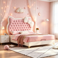Abgerundeter Massivholz-Polsterbettrahmen mit Katzenkopf-Kopfteil, Cremefarbenes Bett mit Aufbewahrungsschubladen für Prinzessinnen-Kinderzimmer