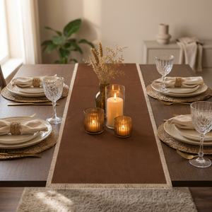 Camino de Mesa de Algodón Marrón Premium con Bordes de Flecos Naturales |   Decoración Rústica para Mesa de Comedor y Textiles para el Hogar - Product Image 3
