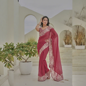 Wine <b>Red</b> Organza <b>Saree</b> Heavy Cutwork Embroidered Border Indian Ethnic Party Wear Sarees Bulk Supply - Product Image 2