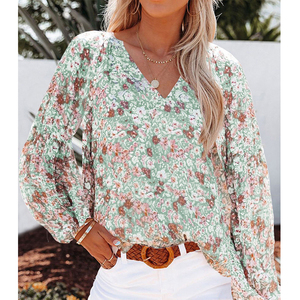 Blus Wanita Motif Bunga, Kerah V, Lengan Lonceng Panjang, Model Longgar, Atasan Wanita - Product Image 2