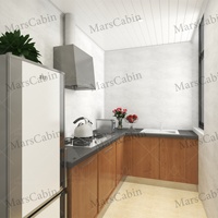 Maison préfabriquée modulaire à 1 étage avec 1 chambre, salon, cuisine, salle de bain et terrasse, logement compact pour les vacances et le location
