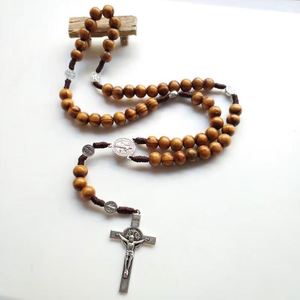 Rosario Religioso con Medalla de San Benito, Cuentas de Madera de 10 mm, Collar con Cruz, Rosarios Católicos - Product Image 5