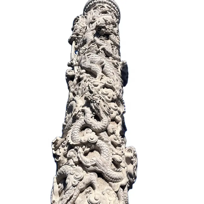Stile Morden su misura colonna di granito intagliato a mano con drago scultura in rilievo per giardino esterno e parco decorazione