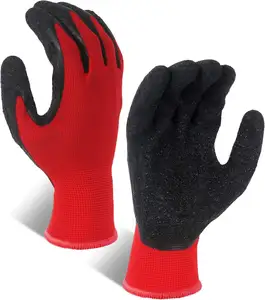 Groothandel Fabricage Rood Zwart Rimpel Latex Gecoat Antislip Polyester Gebreide Veiligheidsconstructie Werkhandschoen