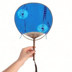 2023 Chinese Style Embroidery Round Hand Fan with Bamboo Handle Blue <b>Tie</b>-Dye Fabric Classical Folk Art Design - Product Image 3
