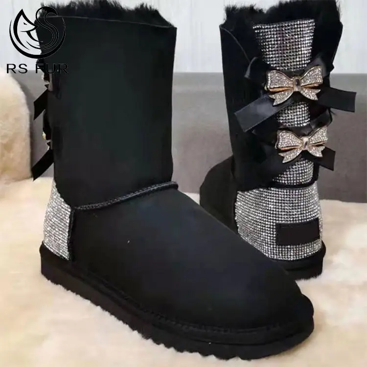 Customized Logo Women's Bow Tie Winter Non-slip Sheepskin Warm Snow Boots Luxury