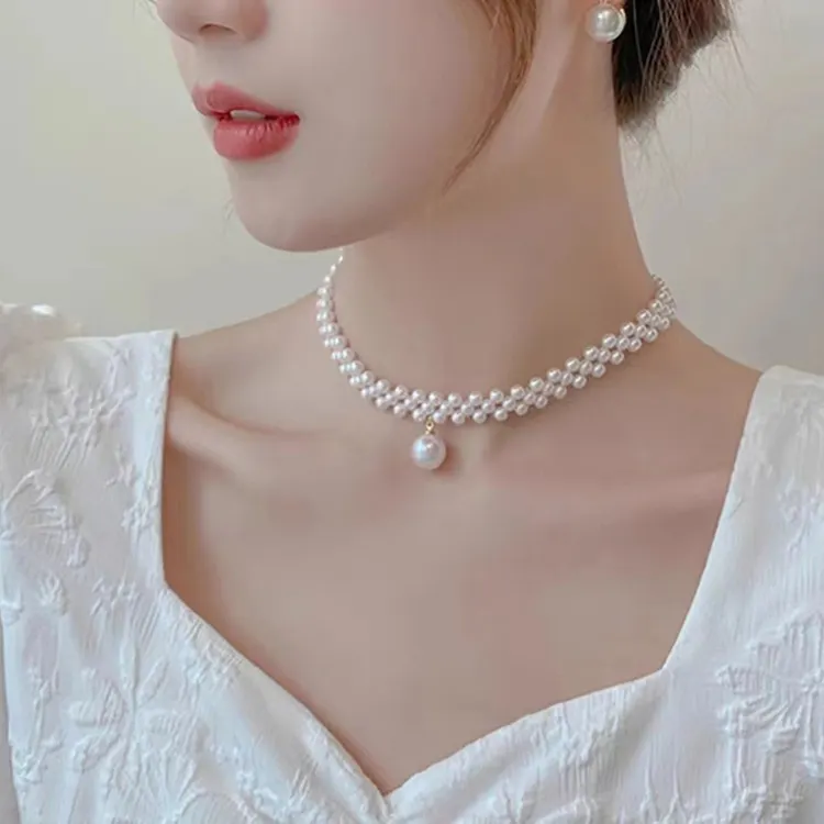 Korean Fashion Multilayer Big Pearl Pendant Clavicle Necklace Jewelry Three-Row Braided Pearl Choker Necklace For Women