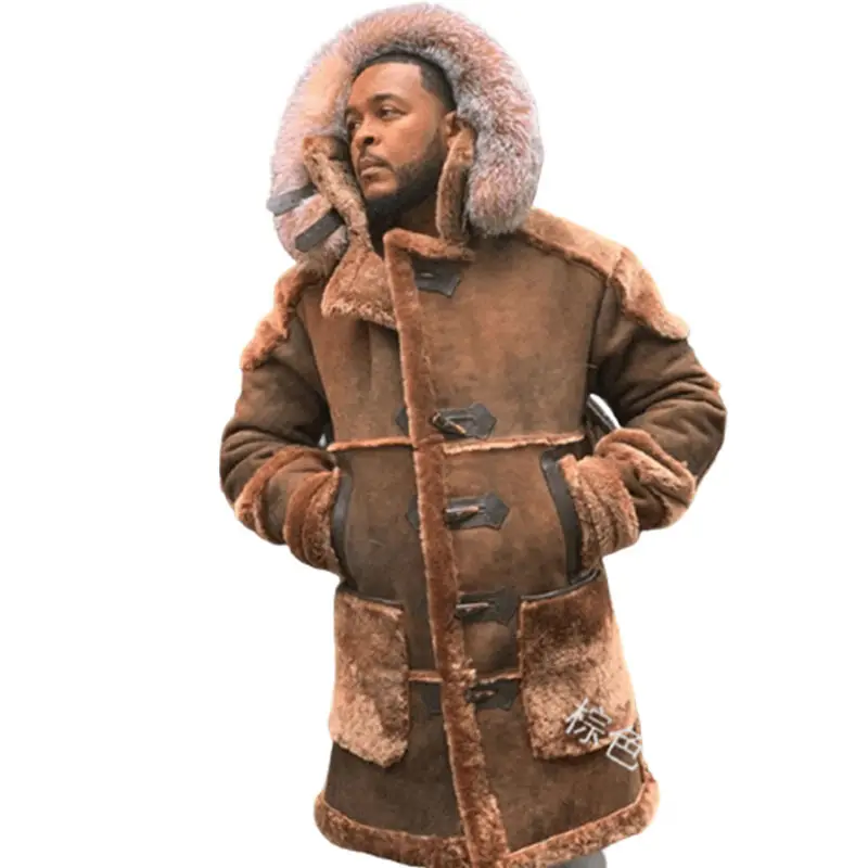 JL248 toptan kış deri uzun kaban kalın orta uzunlukta kapşonlu Faux kürk yaka tilki kürk ceket erkekler artı boyutu kürk ceket