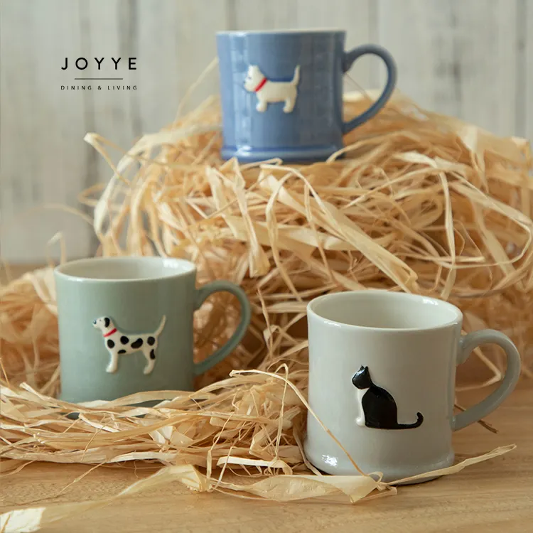 JOYYEセラミックエンボス動物猫、犬、ペット猫足跡デザインカスタム石器コーヒーマグセラミックカップセット
