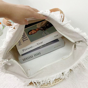Tote da donna con nappine malocchio alla moda in tela riutilizzabile da <span class=keywords><strong>spiaggia</strong></span> <span class=keywords><strong>e</strong></span> Shopping Bag con chiusura a cerniera - Product Image 5