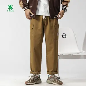 Calças cargo elegantes masculinas personalizadas slim fit cores sólidas destaque luxo cintura média estilo casual bolsos de tecido de algodão