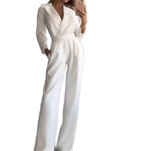 Combinaison blanche tendance à manches longues, taille haute, sexy, décontractée, col en V, bretelles, coupe slim, pantalon large pour femme - Product Image 2